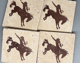 Handcrafted Rustic Tumbled Limestone Cowboy on Horse Coasters w/ Cork Backing: South West Decor, Western Ranch House, Gift, Bucking Stallion