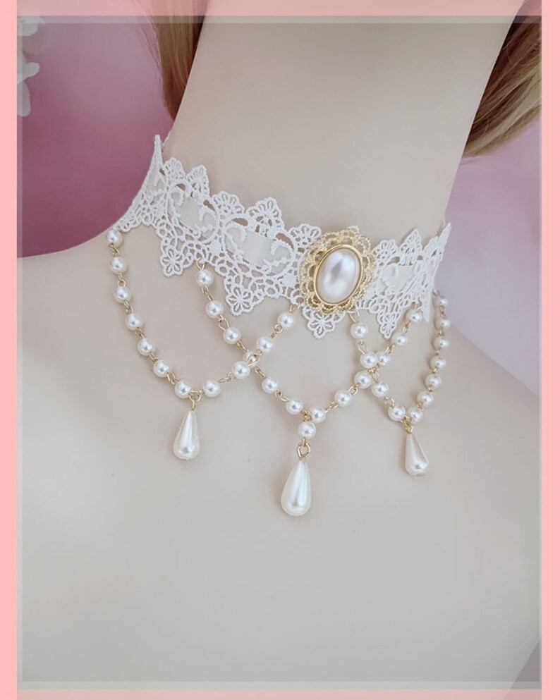 Bridal Ballroom Wedding Necklace Jewelry for Women White Lace Imitation Layered Pearls Lolita Collar Choker Necklace Lovely Elegant