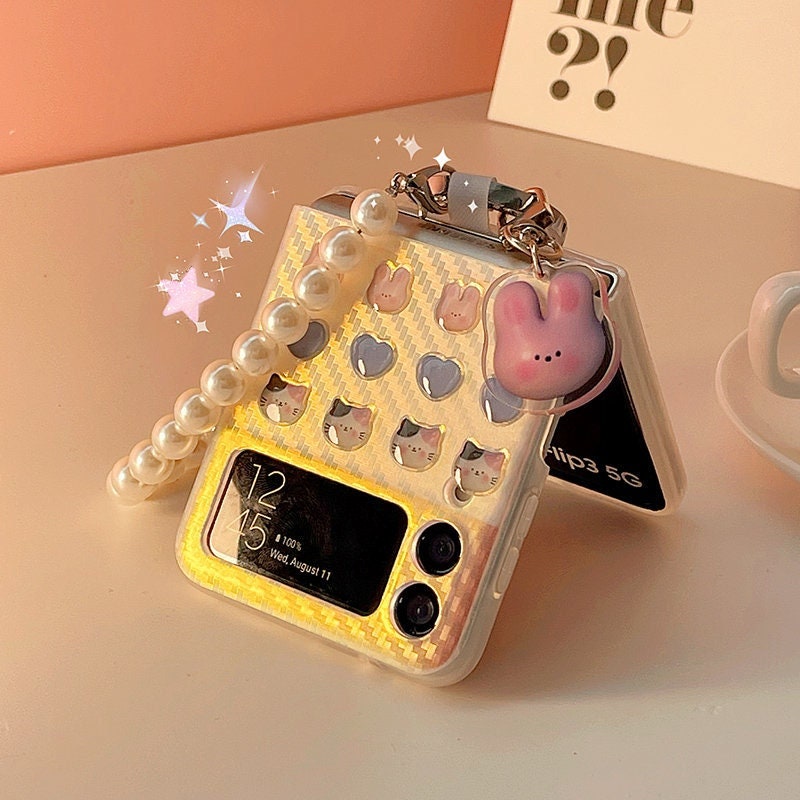 Z Flip 5 Korean Love Rabbit 3D Stickers Phone Case for Samsung Galaxy Z  Flip 3 4 5 - Cartoon Elegant w/ Ring w/ Chain - Lovely Kawaii Gift