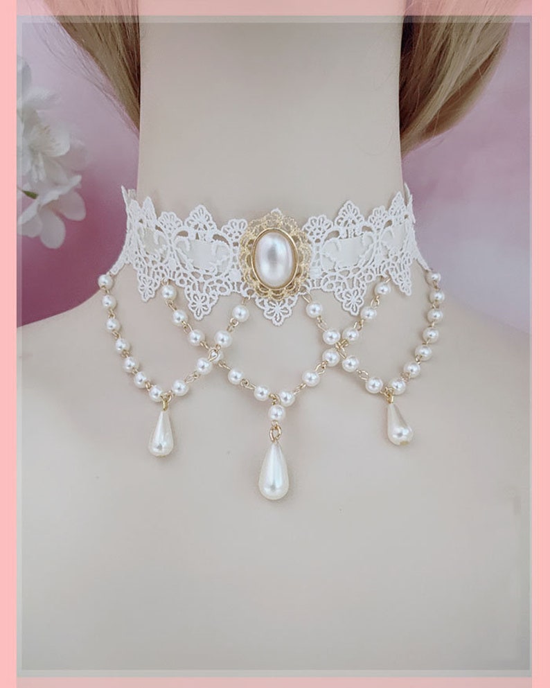Bridal Ballroom Wedding Necklace Jewelry for Women White Lace Imitation Layered Pearls Lolita Collar Choker Necklace Lovely Elegant