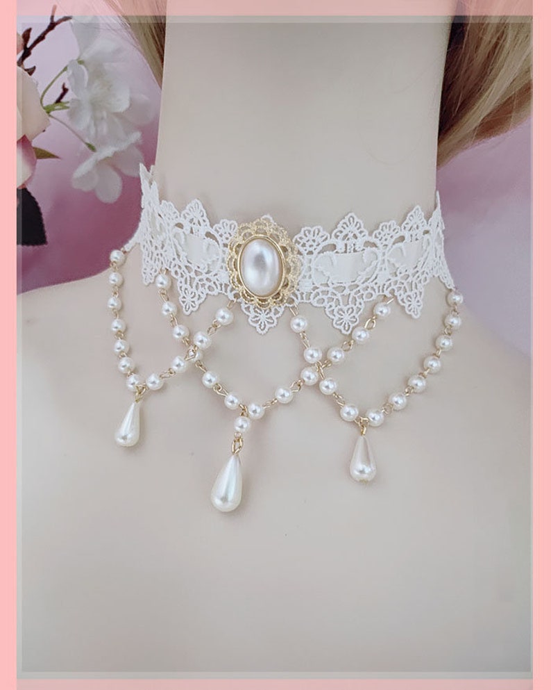 Bridal Ballroom Wedding Necklace Jewelry for Women White Lace Imitation Layered Pearls Lolita Collar Choker Necklace Lovely Elegant