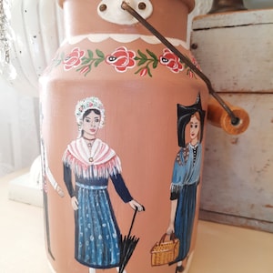 Beautiful old aluminum jug milk jug hand painted shabby country house ~ unique