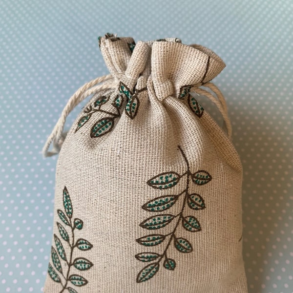 5 Gift Bags, green leaf design Jewellery  Pouches, 14x10cm, UK Seller, G23