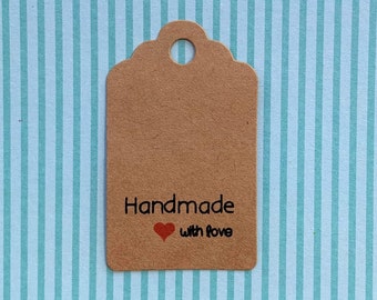 Handmade with Love Tags,  25 Rectangle Kraft Tag, UK Seller, T2