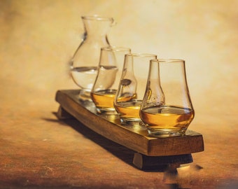 Whisky Flight Tray Made from Oak Whisky Barrel Stave, Whiksy Present, Whisky Gift, Whisky Drink Board - 4 Glass