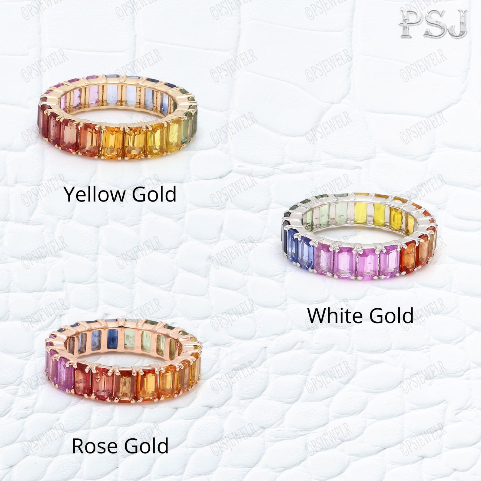 Rainbow sapphire emerald cut eternity band ring with diamonds Etsy