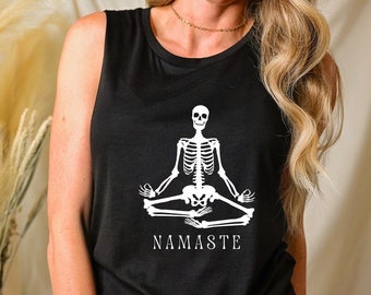 Namaste Muscle Tank For Women Whimsigoth Skeleton Tank Top Pastel Goth Clothing Meditating Skeleton Yoga Skeleton Aesthetic Tank Top