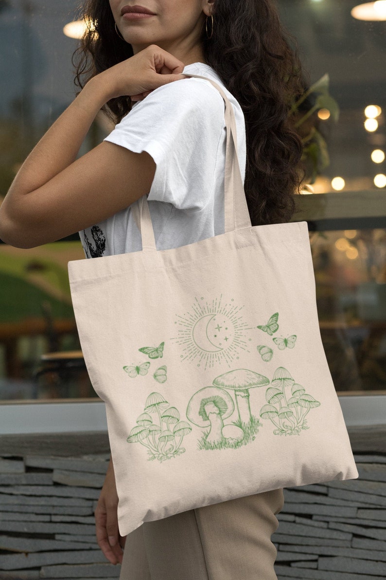 Mushroom Canvas Tote Bag For Women, Cottage Core Tote Bag Canvas, Sun and Moon Canvas Bag, Butterfly Tote Bag, Cute Tote Bags Aesthetic 