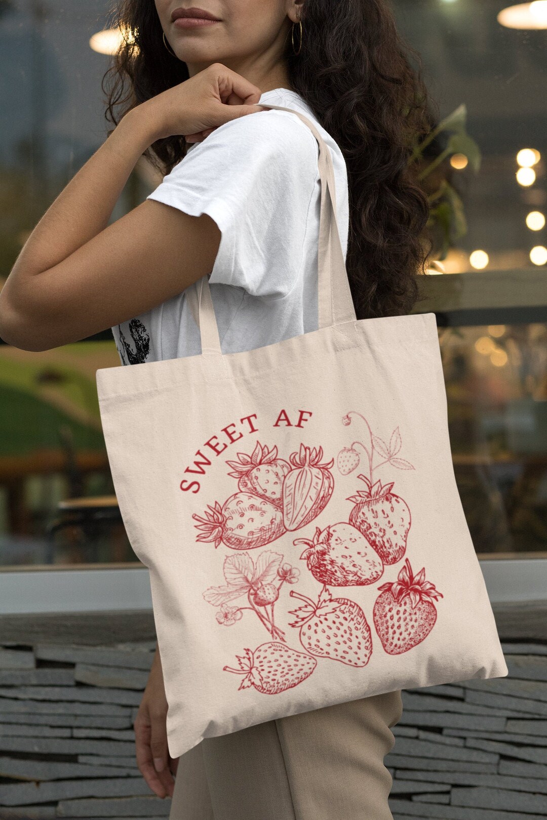 Strawberry Canvas Tote Bag Grocery Tote Bag Sweet AF Cute 