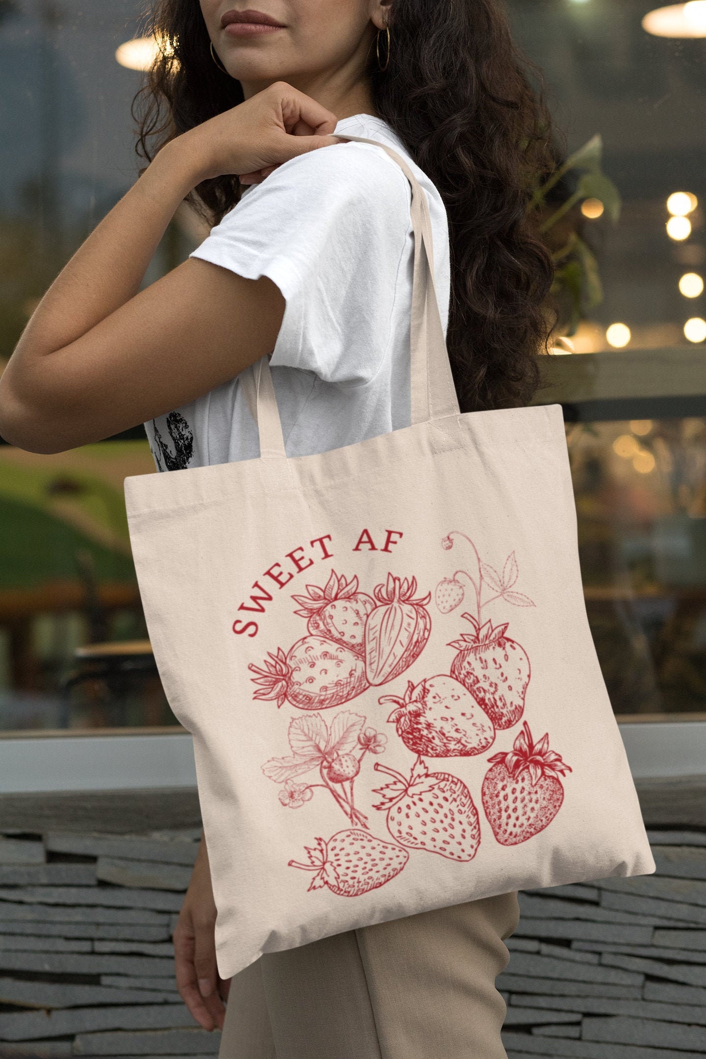 Strawberry Canvas Tote Bag, Grocery Tote Bag, Sweet AF, Cute Tote