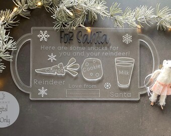 サンタのクリスマスイブトレイの書き方を学ぶ | ステンシル | クッキーとミルク | カスタマイズ可能 | Glowforge 用デジタルレーザーカット SVG ファイル | レーザー