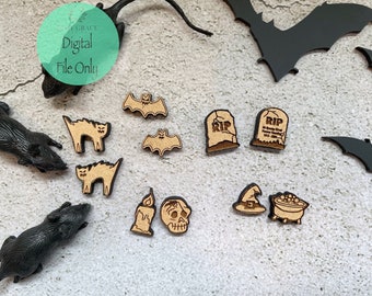 不気味なハロウィーンのイヤリング - 魔女の墓石、カルドレンのコウモリ、怖い猫 - Glowforge またはレーザー用に設計された SVG