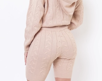 Knitted Comfy Hooded Loungewear  Two Piece Short  Set