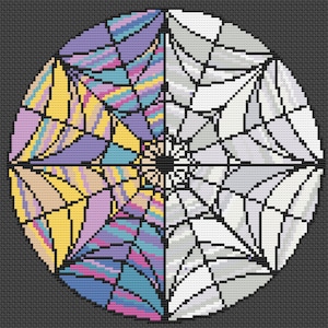 May include: A circular cross-stitch design featuring a segmented pattern. The design is divided into four quadrants, each with a distinct color scheme. The upper left quadrant is yellow and purple, the upper right is white and gray, the lower left is blue and purple, and the lower right is white and gray.