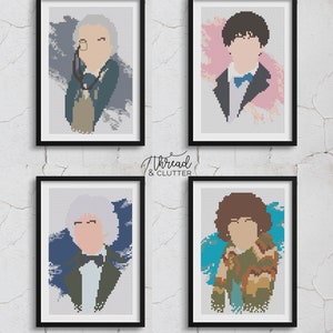 May include: Four framed cross-stitch portraits in black frames. Each portrait shows a pixelated image of a person. The portraits are displayed against a white, textured wall. The text "Thread & Clutter" is in the center.