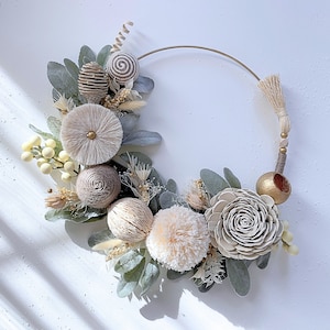 Desert Rose Wreath | Half Moon Wreath | All Seasons | Lamb's Ear Wreath | Modern | Sola Wood Flower | Tassel | Beaded | Gold Wreath