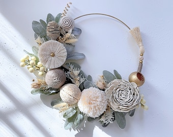 Desert Rose Wreath | Half Moon Wreath | All Seasons | Lamb's Ear Wreath | Modern | Sola Wood Flower | Tassel | Beaded | Gold Wreath