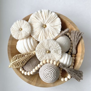 Café au lait Bowl Decor | 10 Piece Bowl Filler Set | Decorative Balls | Handmade Cotton Flowers | Coffee Table Decor | Tray Filler