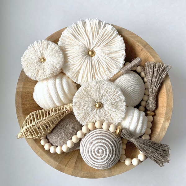Café au lait Bowl Decor | Wood Bead Garland Tassel | Decorative Balls | Handmade Cotton Flowers | Centerpiece Decor