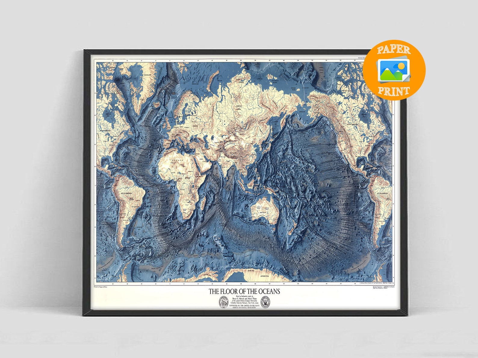 Ocean Floor World Map Retro Map Ocean Floors & Lands Relief Etsy