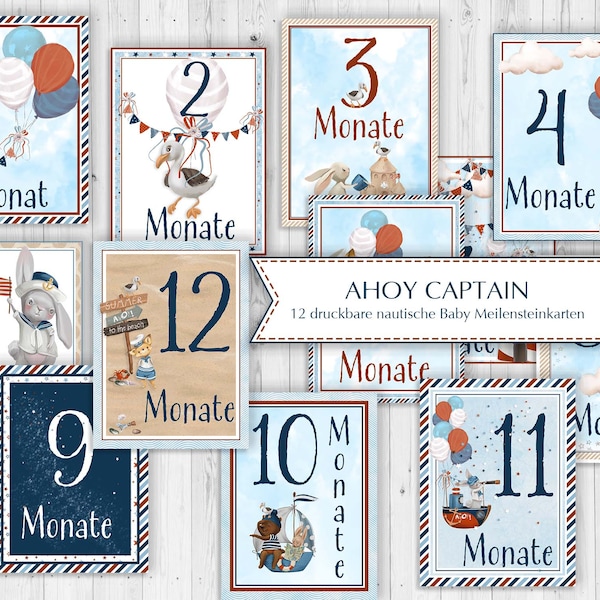 Baby Milestone Cards Printable, Baby First Year Journal, Baby Monthly Milestone Digital, Nautical Scrapbook, Boy Digital Paper, Sailor Bear