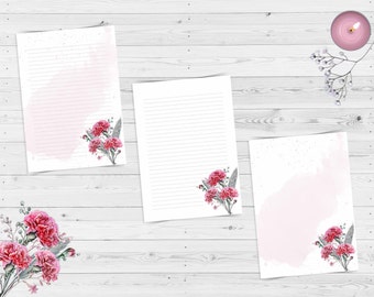 Printable Stationery Paper, Floral Writing Paper, Digital Stationery, Carnation Bouquet, Printable Writing Paper, Letter Writing Stationery