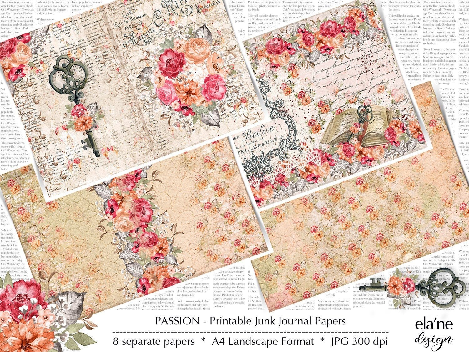 Junk Journal Printable Paper, Pink Floral Digital Paper, Flower Junk