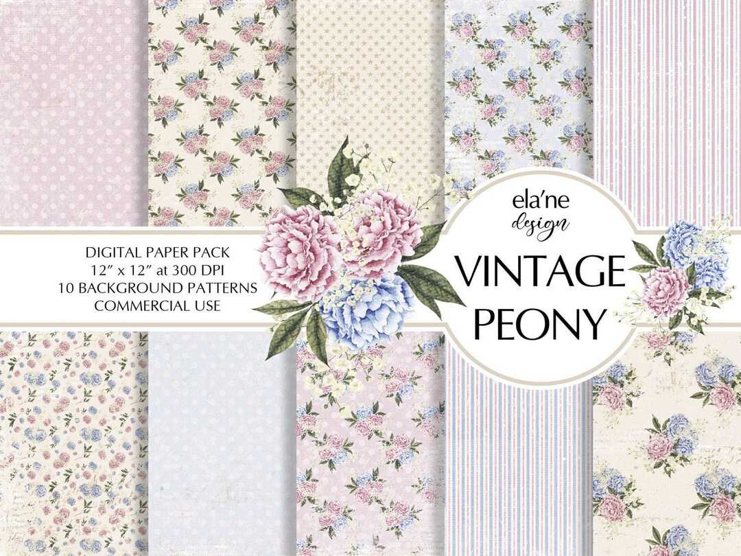 Peony Digital Paper, Vintage Scrapbook Paper, Shabby Chic Journal Kit ...