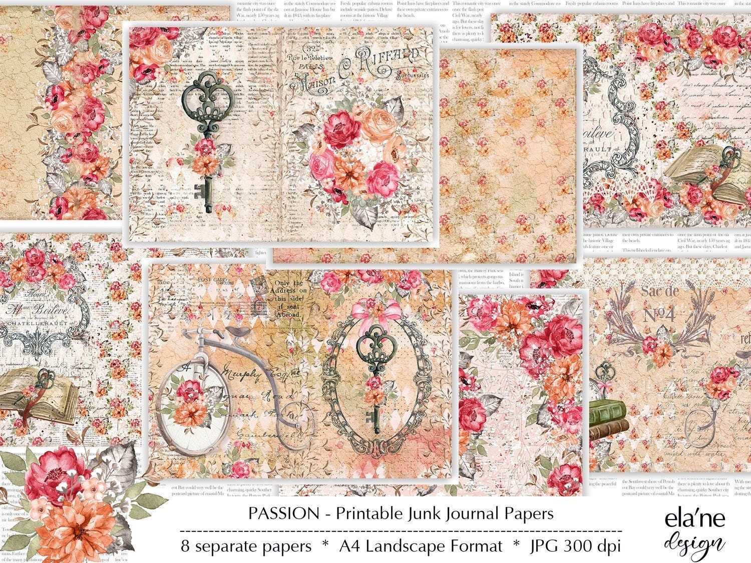 Junk Journal Printable Paper, Pink Floral Digital Paper, Flower Junk