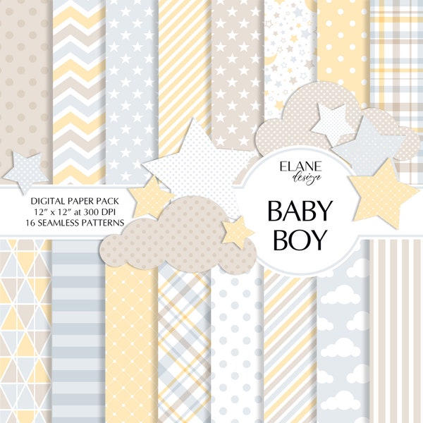 Baby Boy Digital Paper, Baby Scrapbook Paper, Nursery Pattern, Blue and Yellow Digital Paper, Kids Seamless Pattern, Welcome Baby Boy
