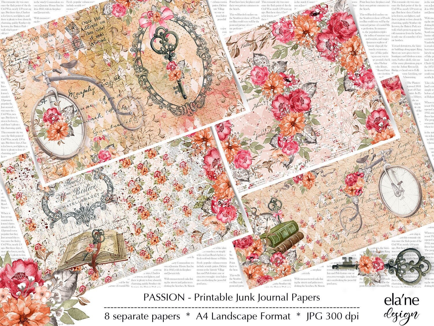 Junk Journal Printable Paper, Pink Floral Digital Paper, Flower Junk