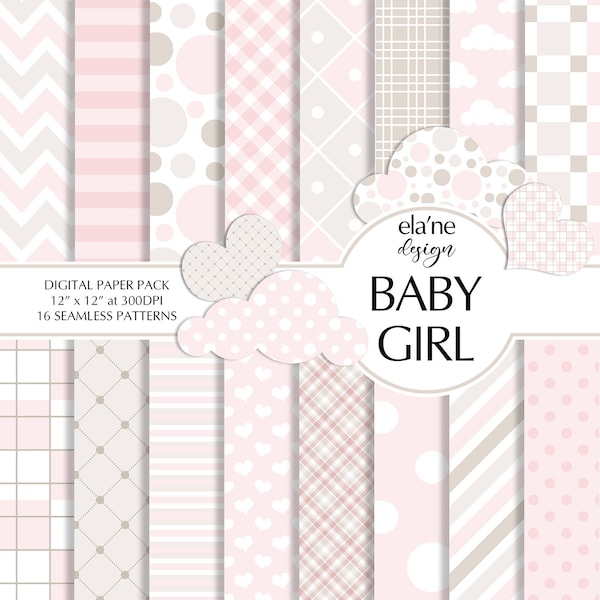 Baby Girl Digital Paper, Hearts Seamless Pattern, Blush Baby Shower, Girl Scrapbook, Pink and Grey Wallpaper, Nursery Pattern, Polka Dots