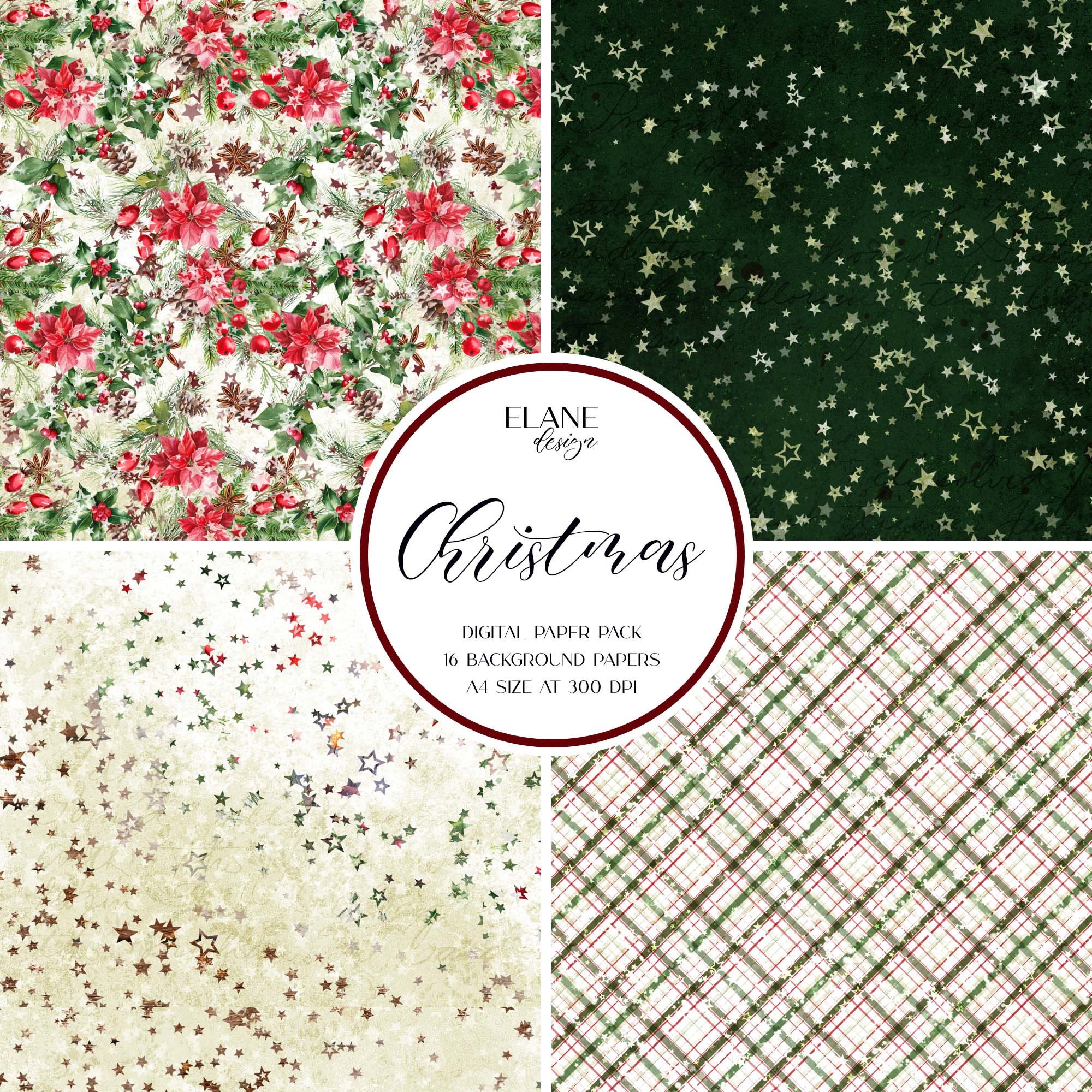 Floral Christmas Digital Paper, Printable Scrapbook Paper, Christmas ...
