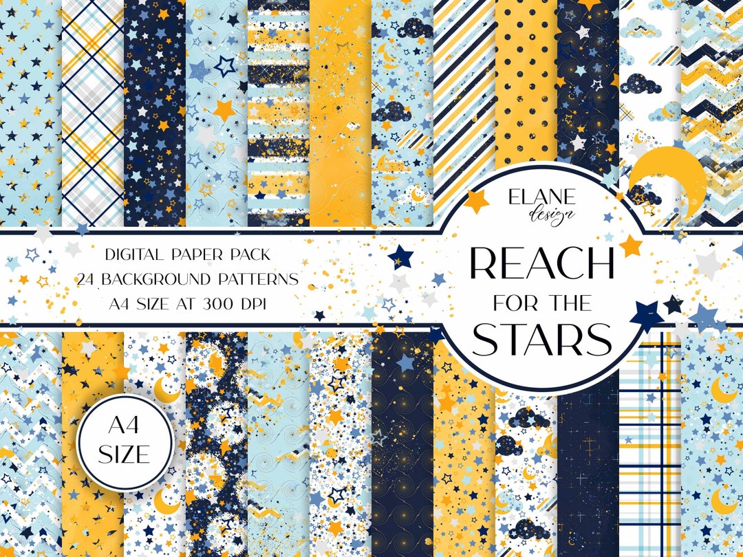 Stars Digital Paper, Starry Night Digital Background, Blue Yellow ...