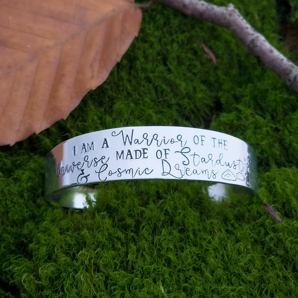 I Am A Warrior Of The Universe Made of Stardust And Cosmic Dreams Cuff Bracelet, Inspirational Quote, Planets, Mantra Cuff, Motivational