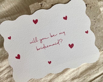 Custom Bridesmaid proposal cards - Will you be my bridesmaid? Wave cut Bridal Party Proposal Mini hearts red hearts love hearts heart shape