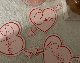 Calligraphy heart shape place card cupid