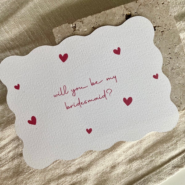 Custom Bridesmaid proposal cards - Will you be my bridesmaid? Wave cut Bridal Party Proposal Mini hearts red hearts love hearts heart shape