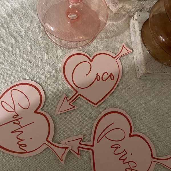 Calligraphy heart shape place card cupid