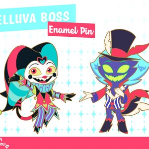 May include: Two enamel pins featuring characters from the animated series "Helluva Boss". The first pin is a blue, pink, and black jester with a red heart on its chest. The second pin is a blue and black demon with a red and white striped suit and a top hat.