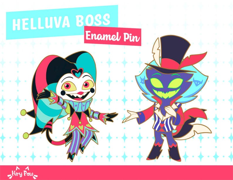 May include: Two enamel pins featuring characters from the animated series "Helluva Boss". The first pin is a blue, pink, and black jester with a red heart on its chest. The second pin is a blue and black demon with a red and white striped suit and a top hat.