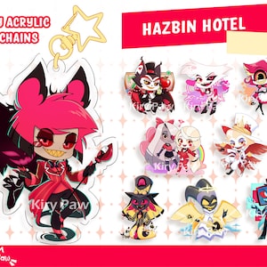 Può includere: Un set di nove portachiavi con personaggi dei cartoni animati che rappresentano i personaggi della serie animata Hazbin Hotel. I portachiavi sono realizzati in acrilico epossidico e presentano personaggi come Charlie, Vaggie, Alastor, Angel Dust e molti altri. I portachiavi sono tutti in stile chibi e sono colorati.