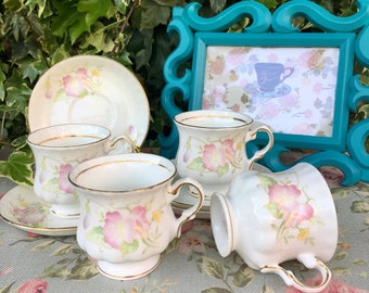 Set of 4 Vintage Bone China Tea Cup and Saucer ~ Pink Flowers Tea Party Service Tableware