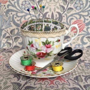 Pin Cushion in Vintage Bone China Teacup - Unique Handmade Gift - Sewing Accessories Holder Organizer - Tarot Themed - Divination