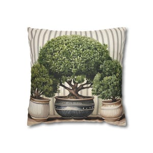 Faux Suede Pillow Cover | French Topiary Botanical Art | Black & Cream Stripe Cushion | Indoor Decor | Luxe Soft Throw Pillowcase