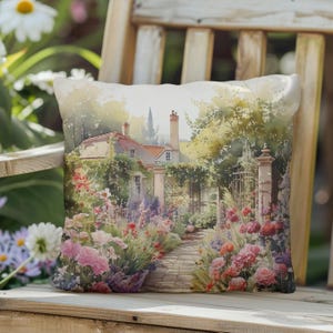 May include: A watercolor painting of a cottage garden with a stone path leading to a white cottage with a red roof. The garden is filled with colorful flowers and lush greenery.
