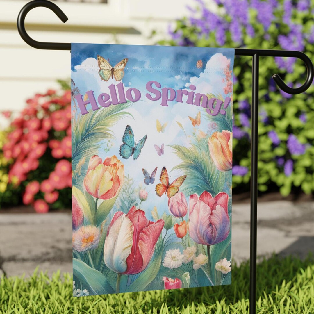 Garden Banner, Watercolor Tulips and Butterflies Flag, Hello Spring ...