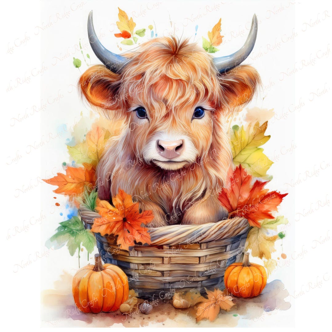 Highland Cow Basket Digital Downloadfall Sublimation PNG 12x18 Garden