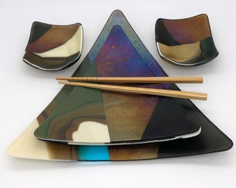 Modern Glass Sushi Serving Tray Set | Japanese Style Triangle Dinnerware Plates | 5 Piece Set | Sauce Bowls | Asian Tableware