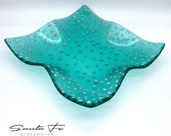 10.5” Square Fused Glass Dish Tray | Aqua Blue with light Pink Dots | Colorful Wavy Textured Platter | Centerpiece | Display Art